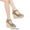 Peep Toe Hemb Rope Platforms Ankle Buckle T Straps Ostrich Texture Summer Wedges Sandals - Light Green Leather