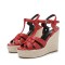 Peep Toe Hemb Rope Platforms Ankle Buckle T Straps Ostrich Texture Summer Wedges Sandals - Red Leather