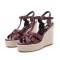 Peep Toe Hemb Rope Platforms Ankle Buckle T Straps Ostrich Texture Summer Wedges Sandals - Wine Leather