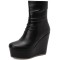 Round Toe Ankle High Back Zipper Wedges Boots - Black