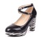 Round Toe Crosssed Straps Chunky Block Heels Zebra Pattern Pumps - Black Patent