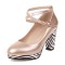 Round Toe Crosssed Straps Chunky Block Heels Zebra Pattern Pumps - Gold Patent
