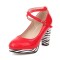 Round Toe Crosssed Straps Chunky Block Heels Zebra Pattern Pumps - Red Patent