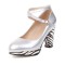 Round Toe Crosssed Straps Chunky Block Heels Zebra Pattern Pumps - Silver Patent