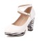 Round Toe Crosssed Straps Chunky Block Heels Zebra Pattern Pumps - White Patent