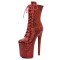 Round Toe Stiletto Heels Glossy Leopard Lace Up Platforms Ankle Highs Boots - Red