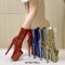 Round Toe Stiletto Heels Glossy Leopard Lace Up Platforms Ankle Highs Boots - Red