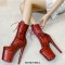 Round Toe Stiletto Heels Glossy Leopard Lace Up Platforms Ankle Highs Boots - Blue