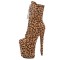 Round Toe Stiletto Heels Leopard Lace Up Platforms Ankle Highs Boots - Tan