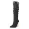 Pointed Toe Knee High Mid Calf Denim Stiletto Heels Buckle Straps Boots - Black