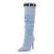 Pointed Toe Knee High Mid Calf Denim Stiletto Heels Buckle Straps Boots - Light Blue
