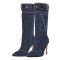 Pointed Toe Knee High Mid Calf Denim Stiletto Heels Boots - Dark Blue