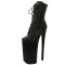 Round Toe Stiletto Heels Snake Pattern Lace Up Platforms Ankle Highs Boots - Black