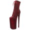 Round Toe Stiletto Heels Snake Pattern Lace Up Platforms Ankle Highs Boots - Red