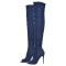 Peep Toe Knee High Denim Stiletto Heels Side Zipper Boots - Dark Blue