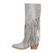 Pointed Toe Chunky Heels Fringe Rhinestones Blings Knee High Zipper Western Boots - Silver