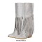 Pointed Toe Chunky Heels Fringe Rhinestones Blings Knee High Zipper Western Boots - Silver