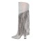 Pointed Toe Chunky Heels Fringe Rhinestones Blings Knee High Western Boots - Silver