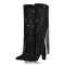 Pointed Toe Chunky Heels Fringe Rhinestones Blings Knee High Western Boots - Black