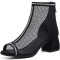 Peep Toe Chunky Heels Fishnet Rhinestones Ankle High Back Zipper Summer Boots - Black
