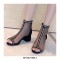 Peep Toe Chunky Heels Fishnet Rhinestones Ankle High Back Zipper Summer Boots - Black