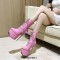Round Toe Transparent Stiletto Heels Buckle Straps Lace Up Platforms Ankle Highs Boots - Pink