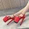 Peep Cross Toe Stiletto Heels Bling Sequined Ankle Buckle Straps Platforms Pumps - Red