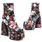 Square Toe Chunky Heels Flower Pattern Ankle High Zipper Platforms Autumn Boots - Black