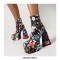 Square Toe Chunky Heels Flower Pattern Ankle High Zipper Platforms Autumn Boots - Black