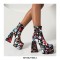 Square Toe Chunky Heels Flower Pattern Ankle High Zipper Platforms Autumn Boots - Black