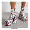Square Toe Chunky Heels Flower Pattern Ankle High Zipper Platforms Autumn Boots - Blue