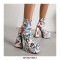 Square Toe Chunky Heels Flower Pattern Ankle High Zipper Platforms Autumn Boots - Blue