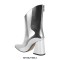 Pointed Toe Chunky Heels Silver Metallic Back Zipper Mid Calf Boots - Silver