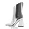 Pointed Toe Chunky Heels Silver Metallic Back Zipper Mid Calf Boots - Silver