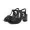 Square Toe Chunky Heels Ankle Buckle T Straps Water Diamond Glitters Beach Shoes Sandals - Black Leather