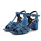 Square Toe Chunky Heels Ankle Buckle T Straps Water Diamond Glitters Beach Shoes Sandals - Blue Leather