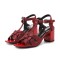 Square Toe Chunky Heels Ankle Buckle T Straps Water Diamond Glitters Beach Shoes Sandals - Red Leather