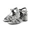 Square Toe Chunky Heels Ankle Buckle T Straps Water Diamond Glitters Beach Shoes Sandals - Silver Leather