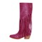 Pointed Toe Chunky Heels Fringe Rhinestones Blings Knee High Zipper Western Boots - Hot Pink