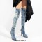 Pointed Toe Chunky Heels Over the Knee Denim Pockets Decorated Luxury Boots - Blue