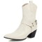 Pointed Toe Chunky Heels Ankle High Crocodile Pattern Ring with Buckle Straps Decorated Cowboy Cowgirl Booties - Beige