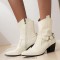 Pointed Toe Chunky Heels Ankle High Crocodile Pattern Ring with Buckle Straps Decorated Cowboy Cowgirl Booties - Beige