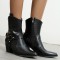 Pointed Toe Chunky Heels Ankle High Crocodile Pattern Ring with Buckle Straps Decorated Cowboy Cowgirl Booties - Black