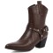Pointed Toe Chunky Heels Ankle High Crocodile Pattern Ring with Buckle Straps Decorated Cowboy Cowgirl Booties - Auburn