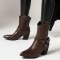 Pointed Toe Chunky Heels Ankle High Crocodile Pattern Ring with Buckle Straps Decorated Cowboy Cowgirl Booties - Auburn