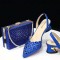 Peep Toe Rhinestones Chunky Heels Slingback Sandals Pumps with Bag  - Blue Synthetic