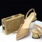 Peep Toe Rhinestones Chunky Heels Slingback Sandals Pumps with Bag  - Gold Synthetic