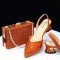 Peep Toe Rhinestones Chunky Heels Slingback Sandals Pumps with Bag  - Orange Synthetic