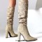 Pointed Toe Plaited Design Elegant Knee Highs Slip On Chunky Heels Boots - Apricot Tan Fabric