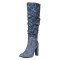 Pointed Toe Plaited Design Elegant Knee Highs Slip On Chunky Heels Boots - Blue Fabric